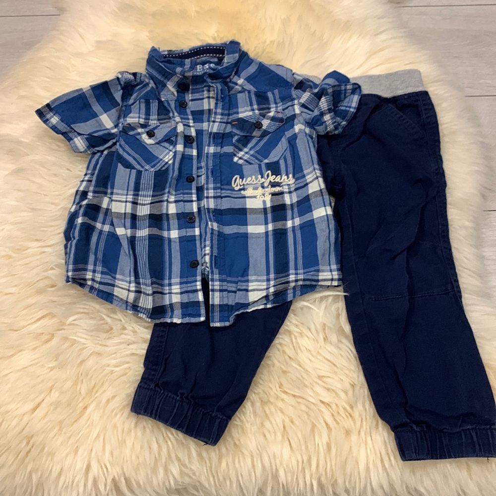 Guess Plaid Blue Shirt in 3T and Blue Pants in 24M